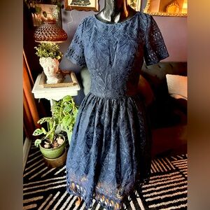Chi Chi London Navy Lace Tea Dress Knee Length Sweetheart Size UK 10